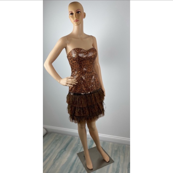 Leopard Print Sequined Ruffle Layered Sweet-Heart Brown Midi Dress - Picture 2 of 11